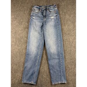 American Eagle Womens Jeans Super High Rise Baggy Straight Size 0 Long